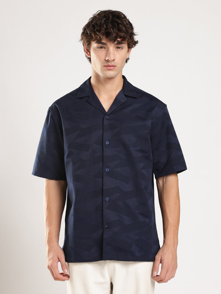 Navy Blue Self Design Boxy Fit Casual Shirt