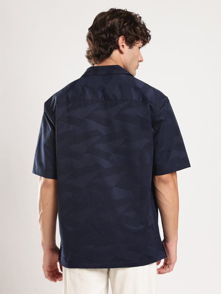 Navy Blue Self Design Boxy Fit Casual Shirt