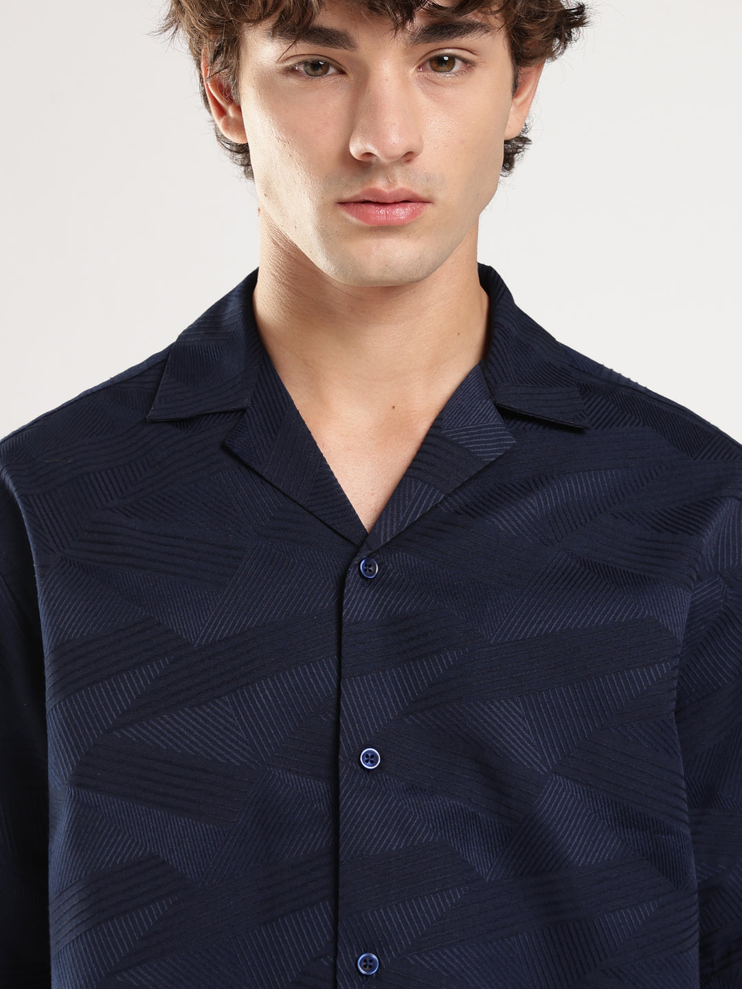 Navy Blue Self Design Boxy Fit Casual Shirt