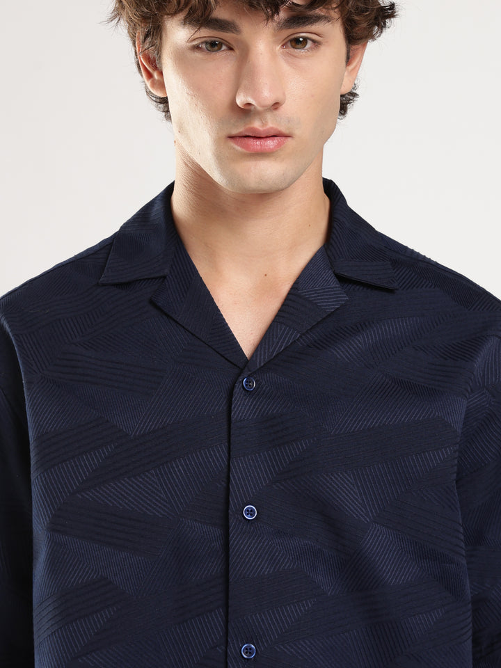 Navy Blue Self Design Boxy Fit Casual Shirt