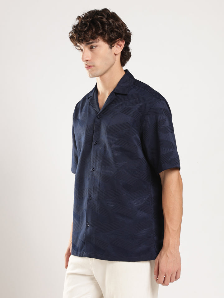 Navy Blue Self Design Boxy Fit Casual Shirt