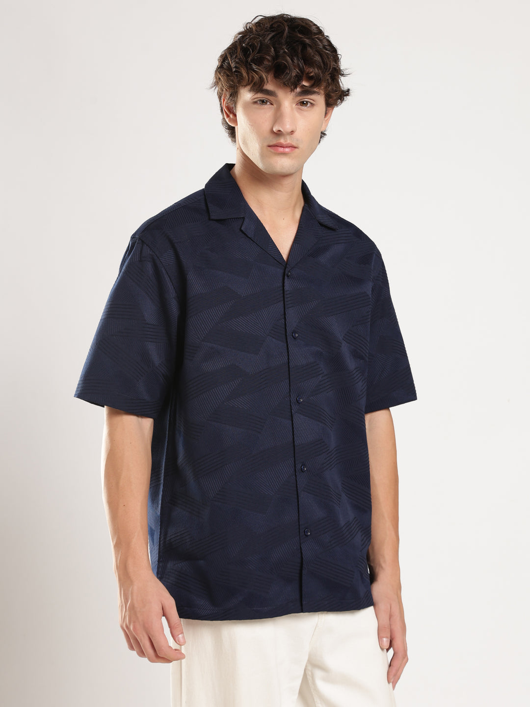 Navy Blue Self Design Boxy Fit Casual Shirt
