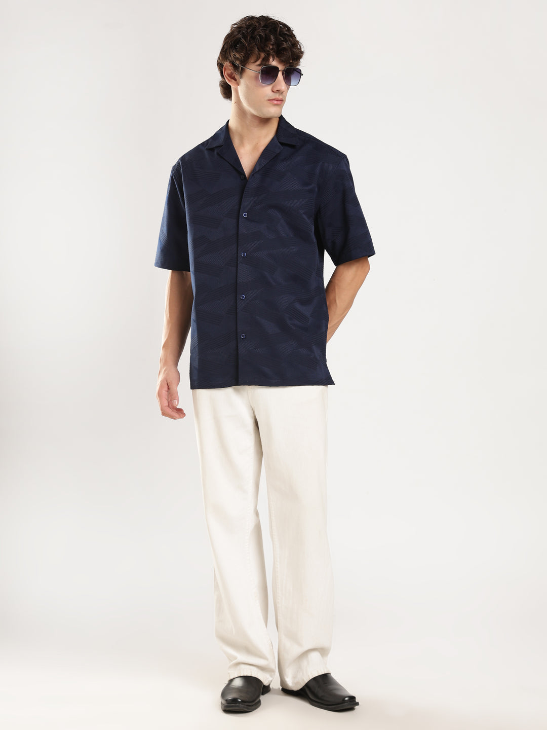 Navy Blue Self Design Boxy Fit Casual Shirt