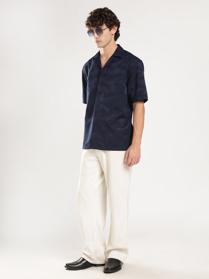 Navy Blue Self Design Boxy Fit Casual Shirt