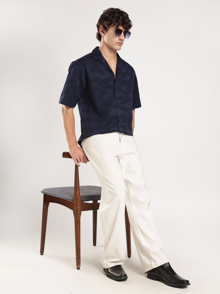 Navy Blue Self Design Boxy Fit Casual Shirt