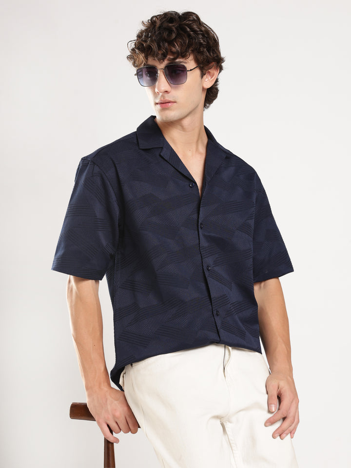 Navy Blue Self Design Boxy Fit Casual Shirt