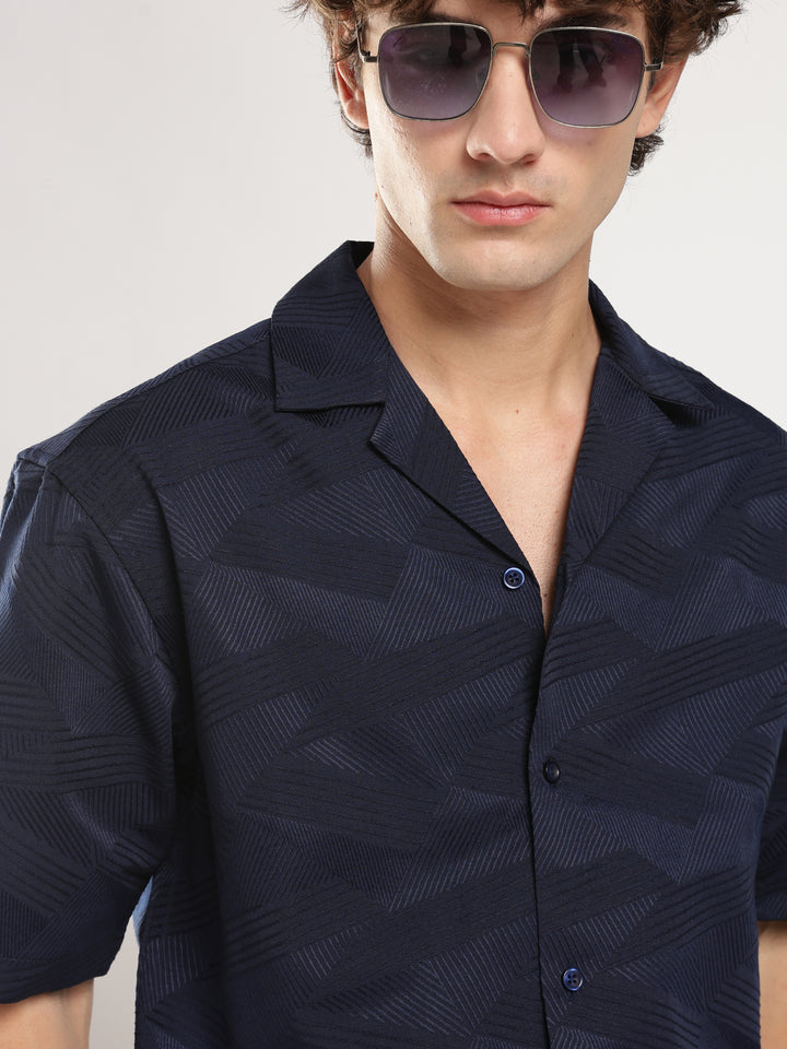 Navy Blue Self Design Boxy Fit Casual Shirt