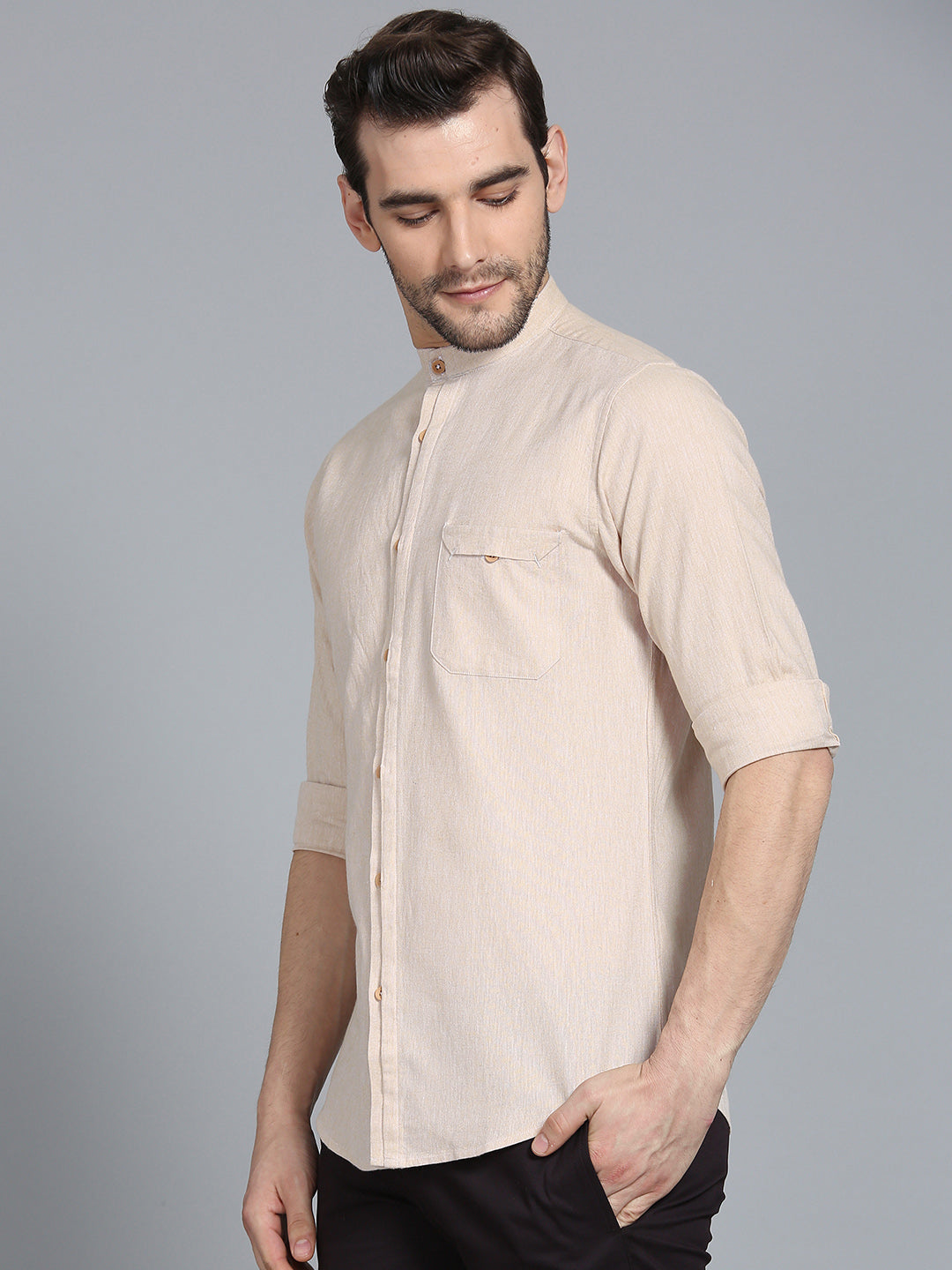 Light Beige Linen Shirt With Placket Details Shirt