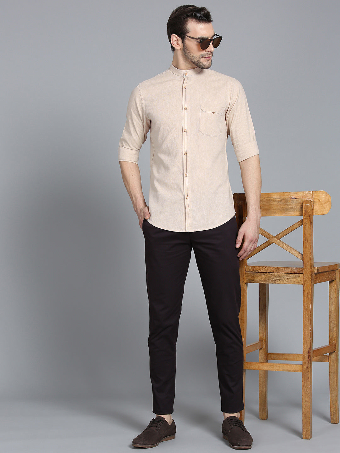 Light Beige Linen Shirt With Placket Details Shirt